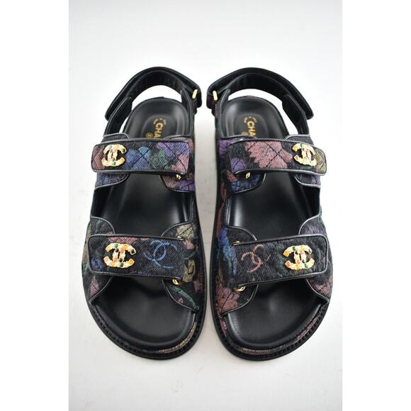 Chanel 21A Black Denim Graffiti CC Logo Mule Slide Strap Flat Dad Sandal 35.5 - Picture 5 of 11
